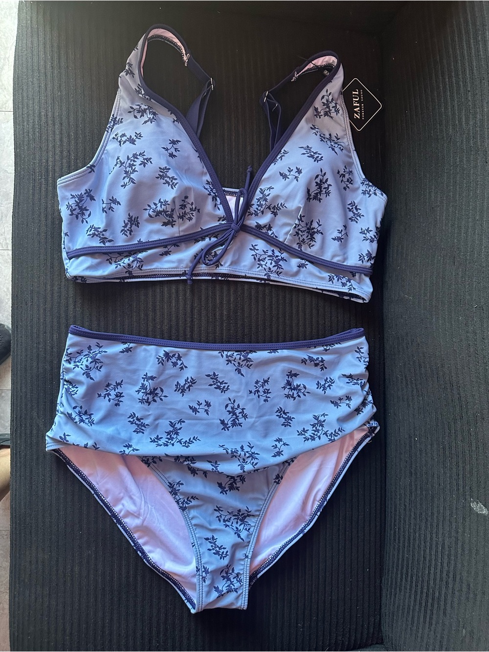 Zaful Light Blue Floral Two-Piece Bikini Set with Dark Trim
